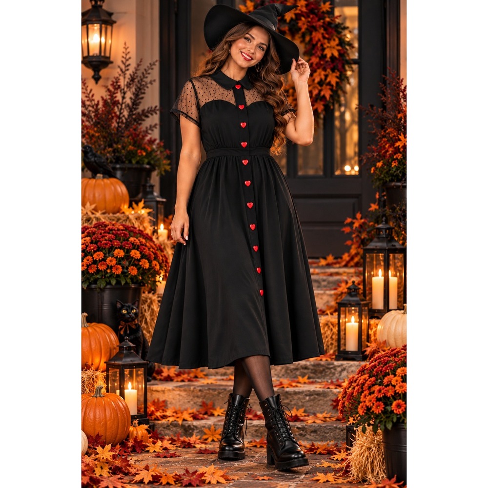 Belle Poque Black Heart Button Mesh Polka Dot Vintage Retro Midi Dress XL NEW